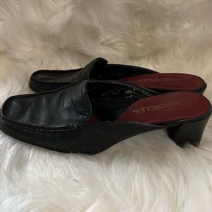 AEROSOLS -black leather slip on mules. Sz. 6 1/2 B